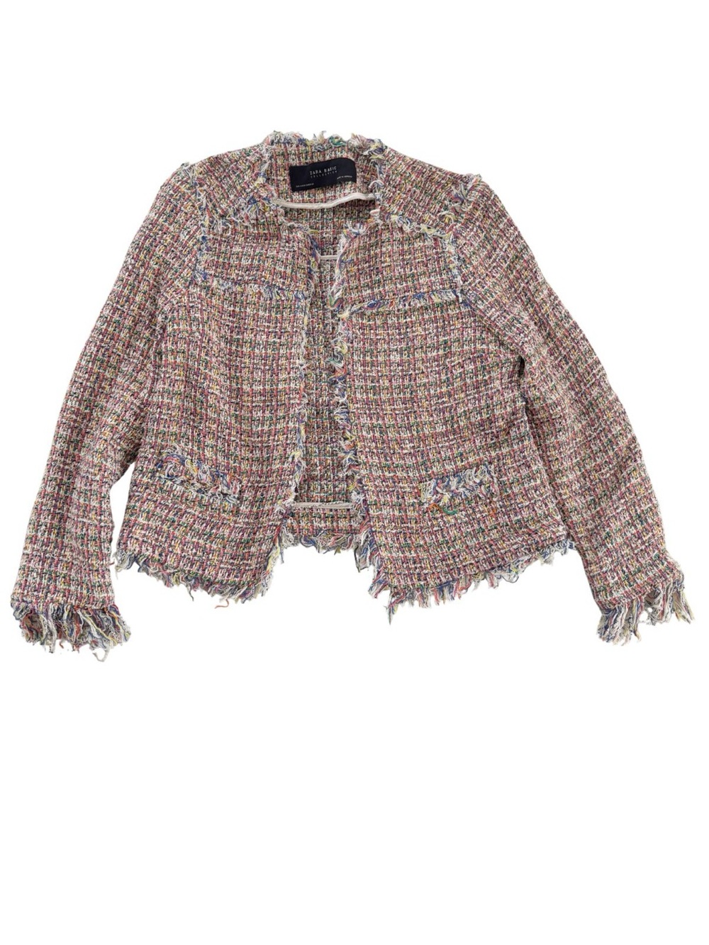Zara Rainbow Tweed Fringe Open Front Blazer - Classic BouclΓ© Jacket